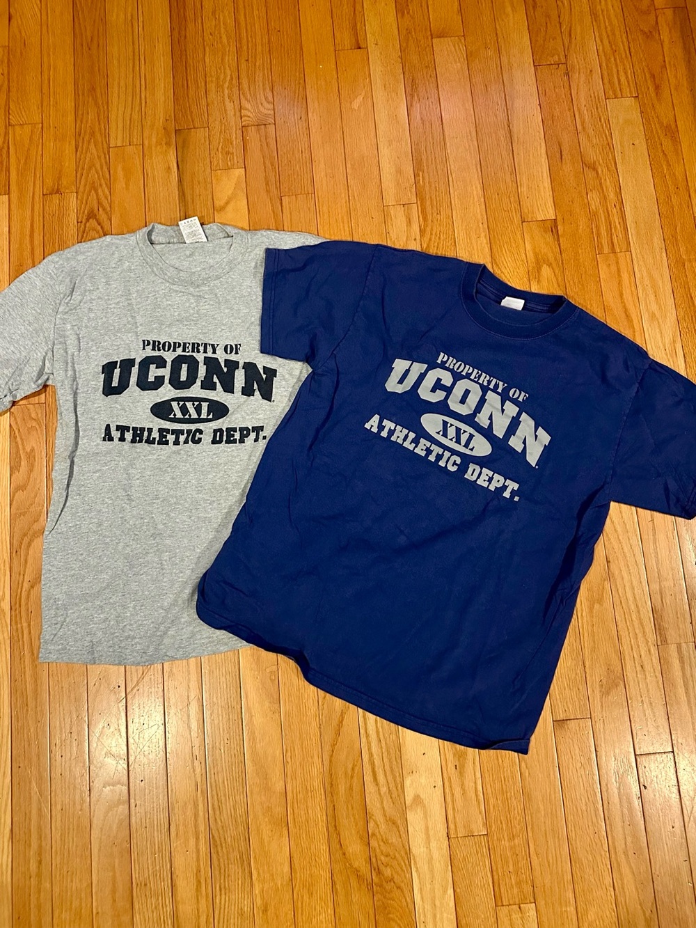 Two UCONN T-Shirts Gray & Blue pre shrunk 100% Cotton Anvil brand